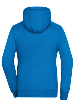 A blue zip-up hoodie with a hood, featuring long sleeves and a logo on the back.