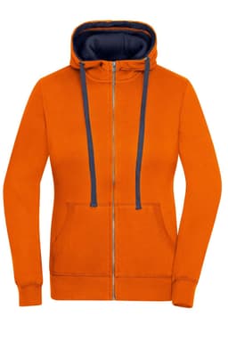 An orange zip-up hoodie with a navy blue inner hood and drawstrings, featuring a front pocket and a logo.