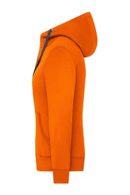 An orange zip-up hoodie with a hood and pockets, featuring a logo on the front.