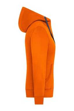 An orange zip-hoodie featuring a hood and side pockets, with a logo on it.