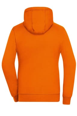 An orange hoodie featuring a hood and long sleeves, with a logo on the back.