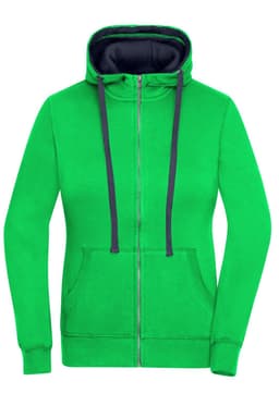 A green zip hoodie with a dark blue inner lining and two front pockets. It features a hood and a zip closure.