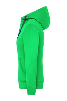 A green zip hoodie featuring a hood and a front pocket. It has a logo on the side.