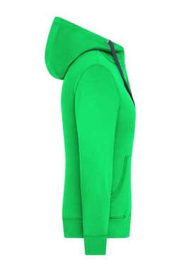 A bright green zip-up hoodie featuring a hood and front pockets, with a logo on the garment.