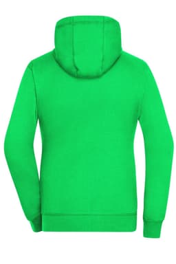 A green zip-up hoodie with a hood, featuring long sleeves and a plain back design.