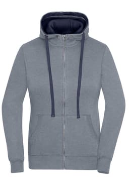 A grey ladies zip-hoodie featuring a navy hood and drawstrings, with front pockets and a zipper closure.