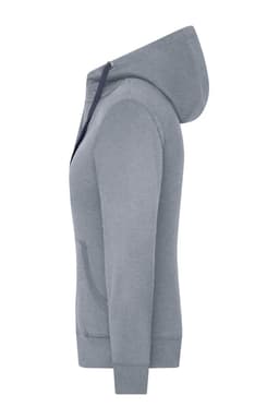 A grey ladies zip hoodie with a hood and front pocket, featuring a logo on the chest area.