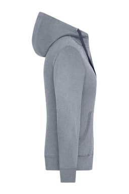 A grey zip-up hoodie featuring a hood and a side pocket, with a logo on the fabric.