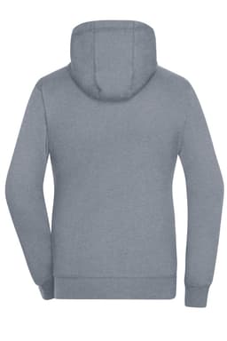 A grey zip-hoodie featuring a hood and long sleeves, with a logo on the back.
