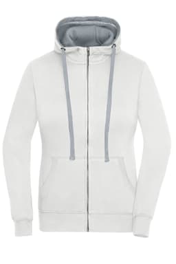 A white zip-hoodie with a grey interior and drawstrings, featuring a front pouch pocket and a logo.