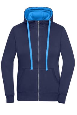 A navy zip-up hoodie with a bright blue interior and drawstrings, featuring a front pocket and a logo.