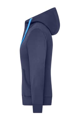 A navy blue zip hoodie with a contrasting blue hood drawstring and a front pocket, featuring a logo.