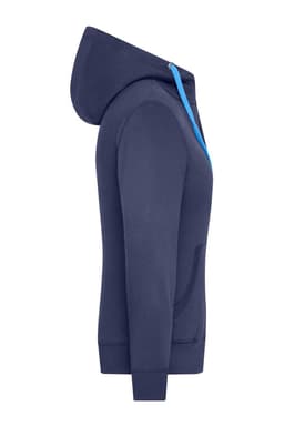 A navy zip-hoodie with a contrasting blue zip, featuring a hood and front pockets. It has a logo.