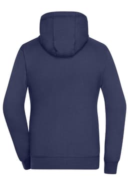 A navy blue zip hoodie featuring a hood and a plain back. It has a logo on the fabric.