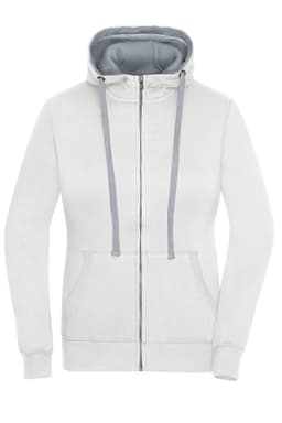 A white zip-up hoodie featuring a grey hood and drawstrings, with a front pocket and a logo.