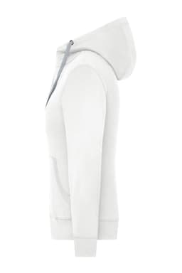 A white ladies' zip-hoody with a hood and front pocket, featuring a logo on the side.