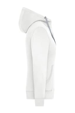 A side view of a white zip-hoodie with a hood and a front pocket. The hoodie has a logo.