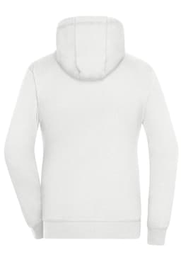 A white ladies zip hoodie with a hood, featuring long sleeves and a smooth texture. It has a logo.