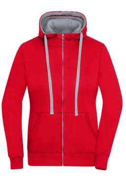 A red zip hoodie featuring a grey interior and drawstrings, with a front pocket and a logo on the left side.