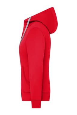 A red zip hoodie with a hood, featuring a front pocket and a logo on the chest.