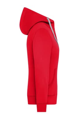 A red zip-up hoodie featuring a hood and front pocket, with a grey accent on the zipper.