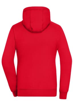 A red zip hoodie with a hood and long sleeves, featuring a back view and a branding logo.