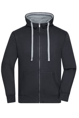 A men's zip hoodie in dark grey, featuring a light grey interior and drawstring hood, with a front pocket and a logo.