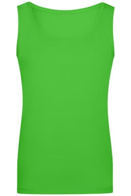 A bright green ladies elastic top with a scoop neckline and no sleeves, featuring a logo.
