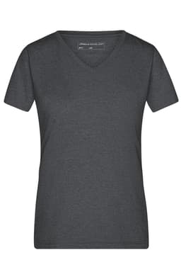 A ladies' heather t-shirt in dark grey with a v-neck design and short sleeves. It features a logo on the label.