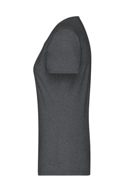 A grey ladies' heather t-shirt displayed from the side, featuring a fitted design and short sleeves.