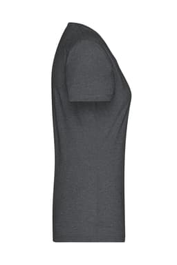 A ladies' heather grey t-shirt with short sleeves, featuring a fitted silhouette and a logo.