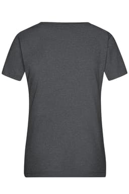 A plain heather grey ladies T-shirt with short sleeves and a round neck, featuring a logo.