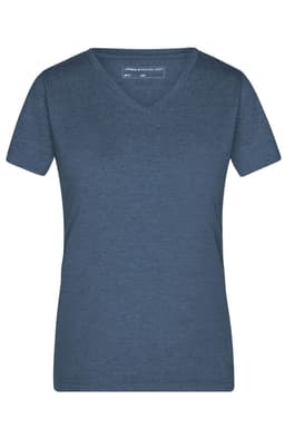 A ladies' heather navy T-shirt featuring a V-neck and short sleeves, with a logo on the label.