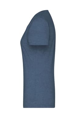 A ladies heather blue t-shirt featuring a crew neck and short sleeves, with a branding logo on the side.