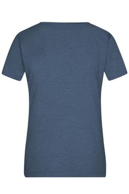 A blue heather t-shirt with a relaxed fit and short sleeves, featuring a simple design and a branding logo.