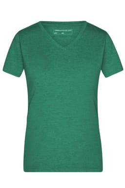 A green ladies' heather T-shirt with a V-neck and short sleeves. The shirt features a logo.