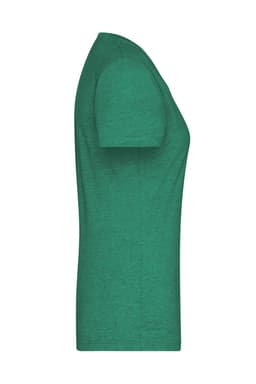 A green ladies' heather T-shirt featuring a short sleeve design and a fitted silhouette, with a logo.