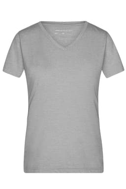 A heather grey ladies v-neck t-shirt with short sleeves and a fitted design. Includes a logo on the label.