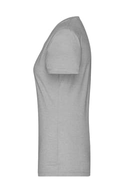 A grey ladies' heather t-shirt with a fitted silhouette and short sleeves, featuring a logo.
