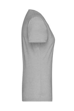 A grey ladies' heather T-shirt featuring a fitted design and a logo on the side.