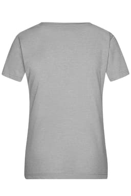 A ladies' heather grey t-shirt with a classic round neck and short sleeves. Features branding on the back.