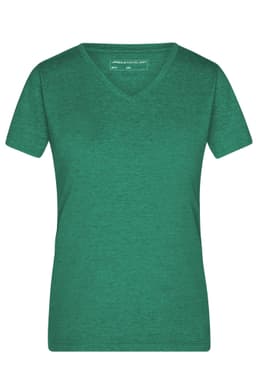 A green ladies' heather T-shirt featuring a V-neck and short sleeves, with a logo on the label.