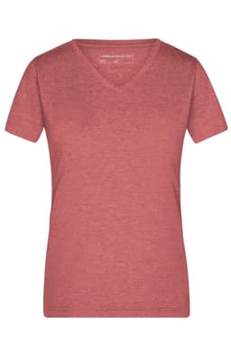 A ladies' heather T-shirt in a soft red colour with a V-neck and short sleeves. The shirt features a logo.
