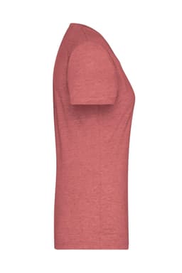 A ladies heather t-shirt in a soft reddish hue, featuring short sleeves and a fitted design. It includes a logo.