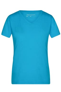 A ladies heather t-shirt in vibrant turquoise, featuring a V-neck design and short sleeves. It has a logo.