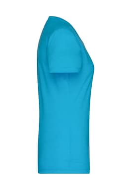 A ladies heather t-shirt in vibrant turquoise, featuring a fitted silhouette and short sleeves, with a logo on the label.