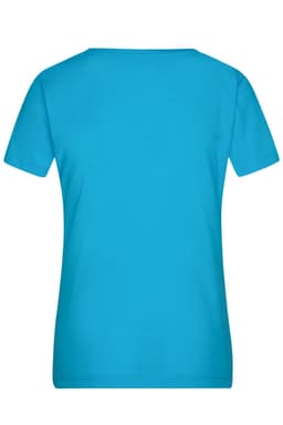 A turquoise ladies' heather T-shirt with short sleeves and a plain back design. The shirt has a logo.
