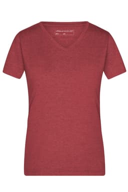 A red ladies' heather V-neck t-shirt with short sleeves and a logo.