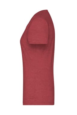 A red heather ladies t-shirt displayed from the side, featuring a fitted silhouette and short sleeves.