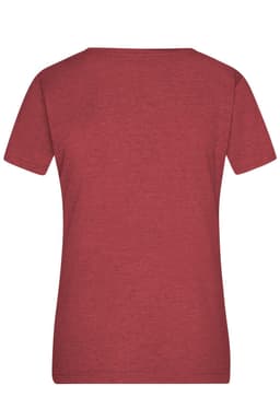 A red heather ladies T-shirt with short sleeves and a round neckline, featuring a logo.